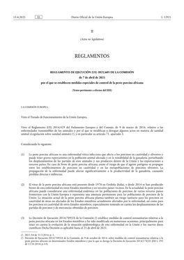 REGLAMENTO DE EJECUCIÓN (UE) 2021/605 DE LA COMISIÓN De 7 De Abril De 2021 Por El Que Se Establecen Medidas Especiales De Control De La Peste Porcina Africana