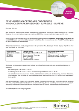 Bekendmaking Openbaar Onderzoek Windmolenpark Bassenge - Juprelle - Oupeye