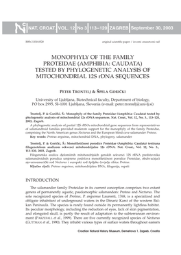 MONOPHYLY of the FAMILY PROTEIDAE (AMPHIBIA: CAUDATA) TESTED by PHYLOGENETIC ANALYSIS of MITOCHONDRIAL 12S Rdna SEQUENCES