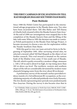 (HASAKE SOUTHERN DAM BASIN) Piotr Bieliński Since 1988 the Polish Centre Has Participated in the Interna- Tional Salvage Programme in the Hasake Dams Area