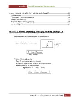 Chapter 2: Internal Energy (U), Work (W), Heat (Q), Enthalpy (H)