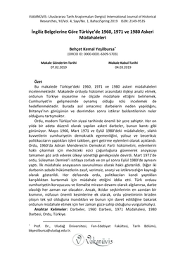 İngiliz Belgelerine Göre Türkiye'de 1960, 1971 Ve 1980 Askeri Müdahaleleri