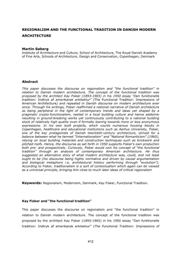 412 REGIONALISM and the FUNCTIONAL TRADITION in DANISH MODERN ARCHITECTURE Martin Søberg Abstract