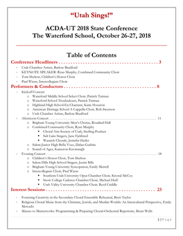 “Utah Sings!” ACDA-UT 2018 State Conference the Waterford School, October 26-27, 2018