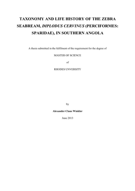 Taxonomy and Life History of the Zebra Seabream, Diplodus Cervinus (Perciformes: Sparidae), in Southern Angola