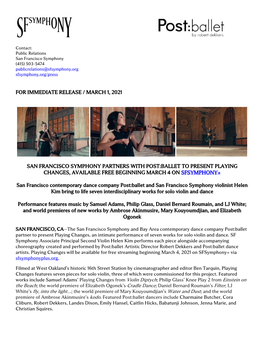 For Immediate Release / March 1, 2021 San Francisco Symphony Partners with Post:Ballet to Present Playing Changes, Available