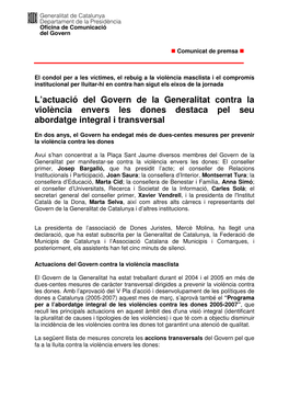 L'actuació Del Govern De La Generalitat Contra La Violència Envers Les Dones Destaca Pel Seu Abordatge Integral I Transversa