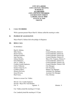 City Council Meeting M-2010-R-16 As Amended City Council Chambers 1110 Houston Street Laredo, Texas 78040 August 16, 2010 5:00 P.M