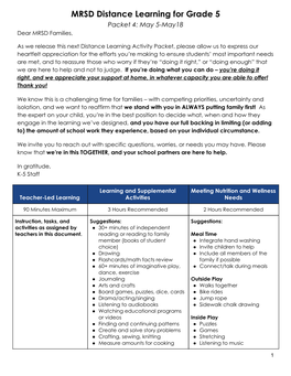 MRSD Distance Learning for Grade 5 Packet 4: May 5-May18 Dear MRSD Families