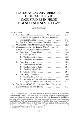 States As Laboratories for Federal Reform: Case Studies in Felon Disenfranchisement Law