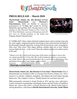 PRESS RELEASE – March 2018 Theatresouth Atlanta, Inc