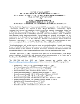 Hunts Point Interstate Access Improvement Project PIN X73155 Notice of FEIS ROD Design Approval
