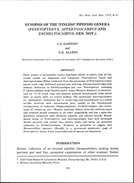 Synopsis of the 'Finless' Pipefish Genera (Penetopteryx, Apterygocampus and Enchelyocampus, Gen