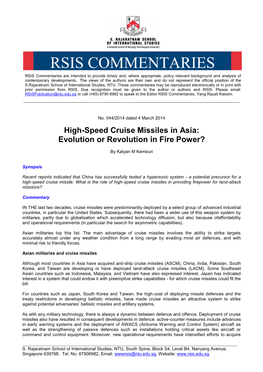 RSIS COMMENTARIES RSIS Commentaries Are Intended to Provide Timely And, Where Appropriate, Policy Relevant Background and Analysis of Contemporary Developments