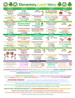 Elementary Lunch Menu Monday Tuesday Wednesday Thursday Friday February 27 February 28 March 1 March 2 March 3 BRUNCH for LUNCH Hot Dog Nachos Dr