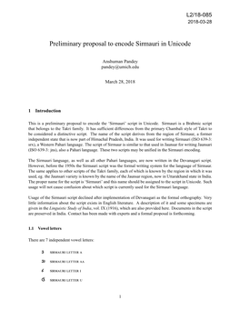 Preliminary Proposal to Encode Sirmauri in Unicode