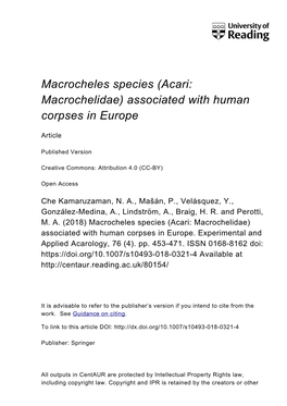 Macrocheles Species (Acari: Macrochelidae) Associated with Human Corpses in Europe