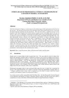 Ethics, Rules of Professional Conduct and Discipline of Lawyers in Nigeria: an Overview