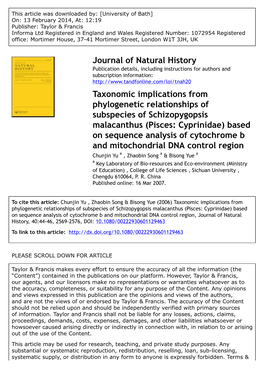 Journal of Natural History Taxonomic Implications From