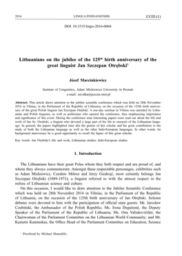 Lithuanians on the Jubilee of the 125Th Birth Anniversary of the Great Linguist Jan Szczepan Otrębski1