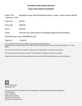 Appraisal for Ingavi Rural Development Project - Bolivia - Report Number 936-BO - February 5, 1976