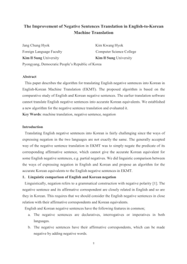 The Improvement of Negative Sentences Translation in English-To-Korean Machine Translation