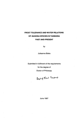 Frost Tolerance and Water Relations of Banksia Species in Tasmania Past and Present