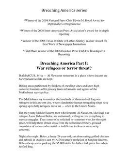 Breaching America Series Breaching America Part I: War Refugees Or