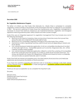 Hydro One Re: Vegetation Maintenance Program