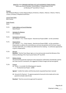 MINUTES of the ORDINARY MEETING of ST JUST-IN-PENWITH