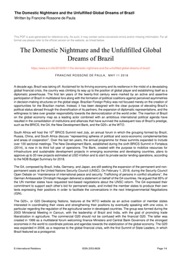 The Domestic Nightmare and the Unfulfilled Global Dreams of Brazil Written by Francine Rossone De Paula