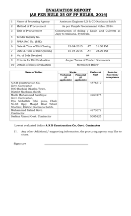 Evaluation Report (As Per Rule 35 of Pp Rules, 2014)