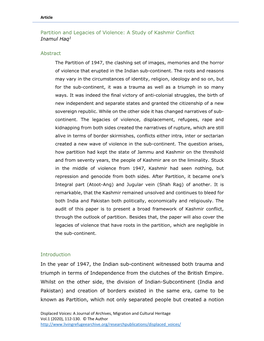 Partition and Legacies of Violence: a Study of Kashmir Conflict Inamul Haq1