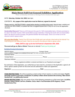 Street Fall Fest General Exhibitor Application When: 1St Saturday of October at Heritage Park in Gardnerville 9Am-3Pm