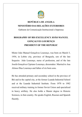 REPÚBLICA DE ANGOLA MINISTÉRIO DAS RELAÇÕES EXTERIORES Gabinete De Comunicação Institucional E Imprensa