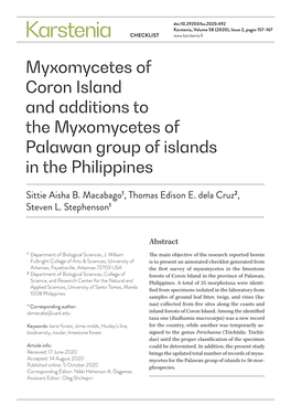 Myxomycetes of Coron Island and Additions to the Myxomycetes of Palawan Group of Islands in the Philippines