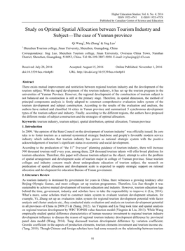 Study on Optimal Spatial Allocation Between Tourism Industry and Subject—The Case of Yunnan Province