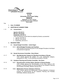 SENATE September 12, 2014, 2:30 Pm Canada Education Park, Chilliwack Room A2207 Page