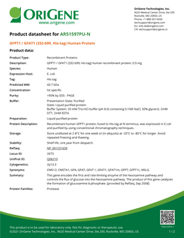 GFPT1 / GFAT1 (332-699, His-Tag) Human Protein Product Data