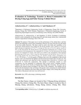 Evaluation of Technology Transfer to Rural Communities for Drying Using Lpg and Solar Energy Cabinet Dryer