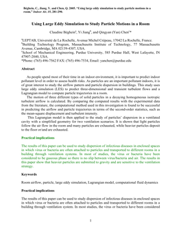 Using Large Eddy Simulation to Study Particle Motions in a Room,” Indoor Air, 15, 281-290