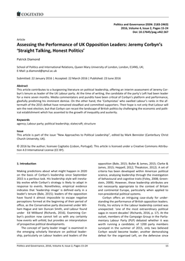 Assessing the Performance of UK Opposition Leaders: Jeremy Corbyn’S ‘Straight Talking, Honest Politics’