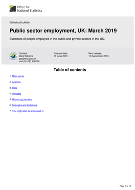 Public Sector Employment, UK: March 2019