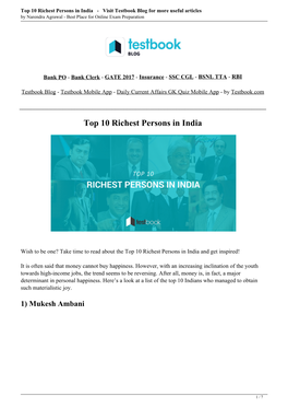 Top 10 Richest Persons in India - Visit Testbook Blog for More Useful Articles by Narendra Agrawal - Best Place for Online Exam Preparation