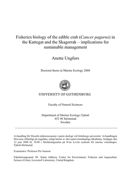 Cancer Pagurus) in the Kattegat and the Skagerrak – Implications for Sustainable Management