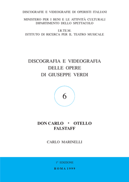 Don Carlo Otello Pubblicazione D Non in Vendita Falstaff Riservata Alle Biblioteche Agli Archivi E Agli Studiosi Carlo Marinelli