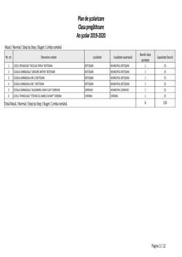 Plan De Şcolarizare Clasa Pregătitoare an Şcolar 2019-2020