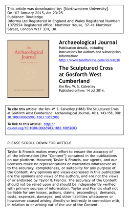 Archaeological Journal the Sculptured Cross at Gosforth West Cumberland