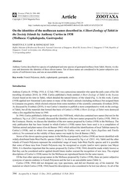 On the Identities of the Molluscan Names Described in a Short Zoology of Tahiti in the Society Islands by Anthony Curtiss in 1938 (Mollusca: Cephalopoda, Gastropoda)