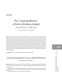 The “Unspeakableness” of Life in Northern Ireland Anna Burns’S Milkman DOI